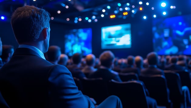 Man sitting in an auditorium watching a presentation while the lights are dim blue