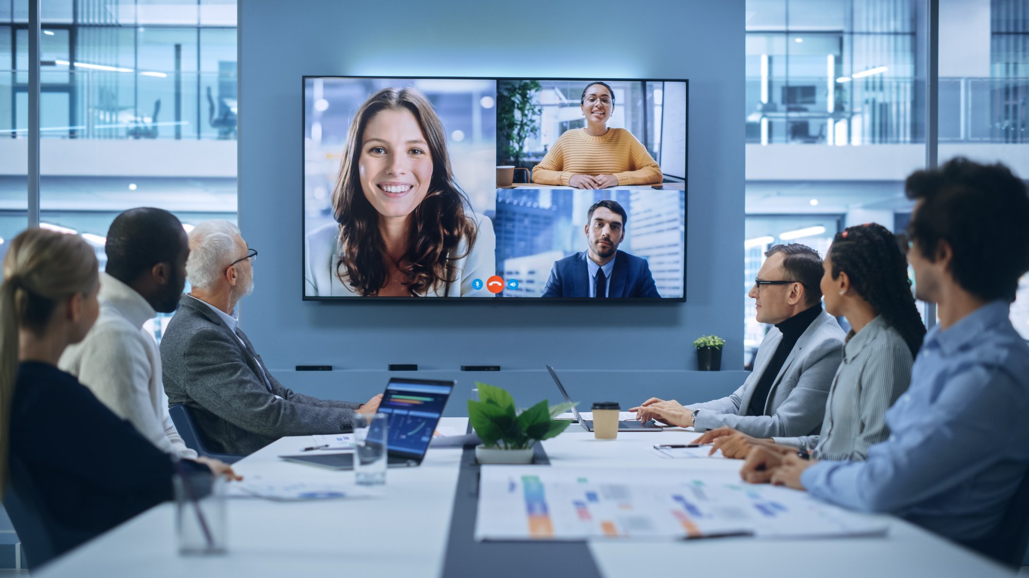 Hybrid meeting taking place in a conference room