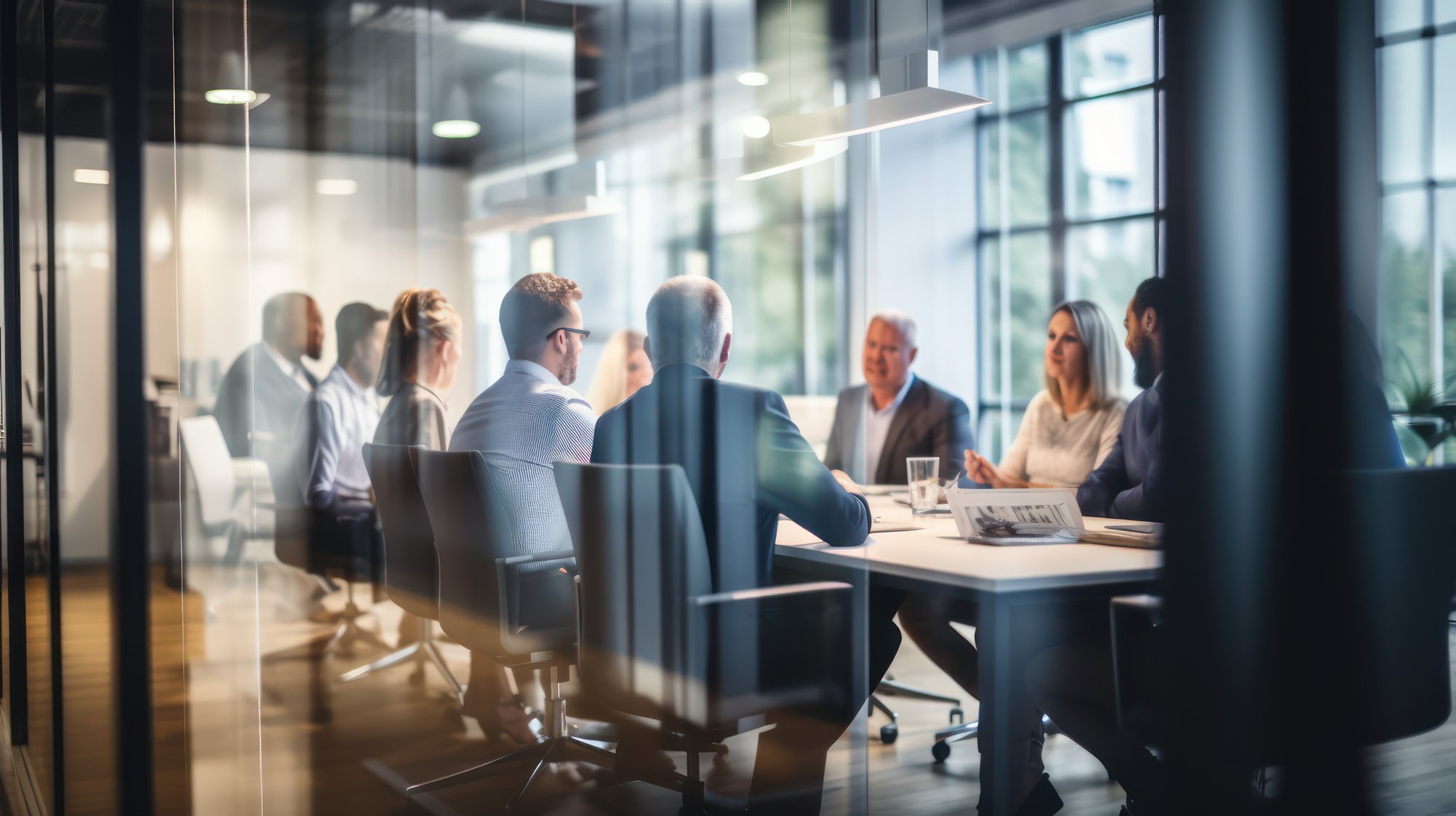 looking at a full room conference room meeting taking place behind glass doors