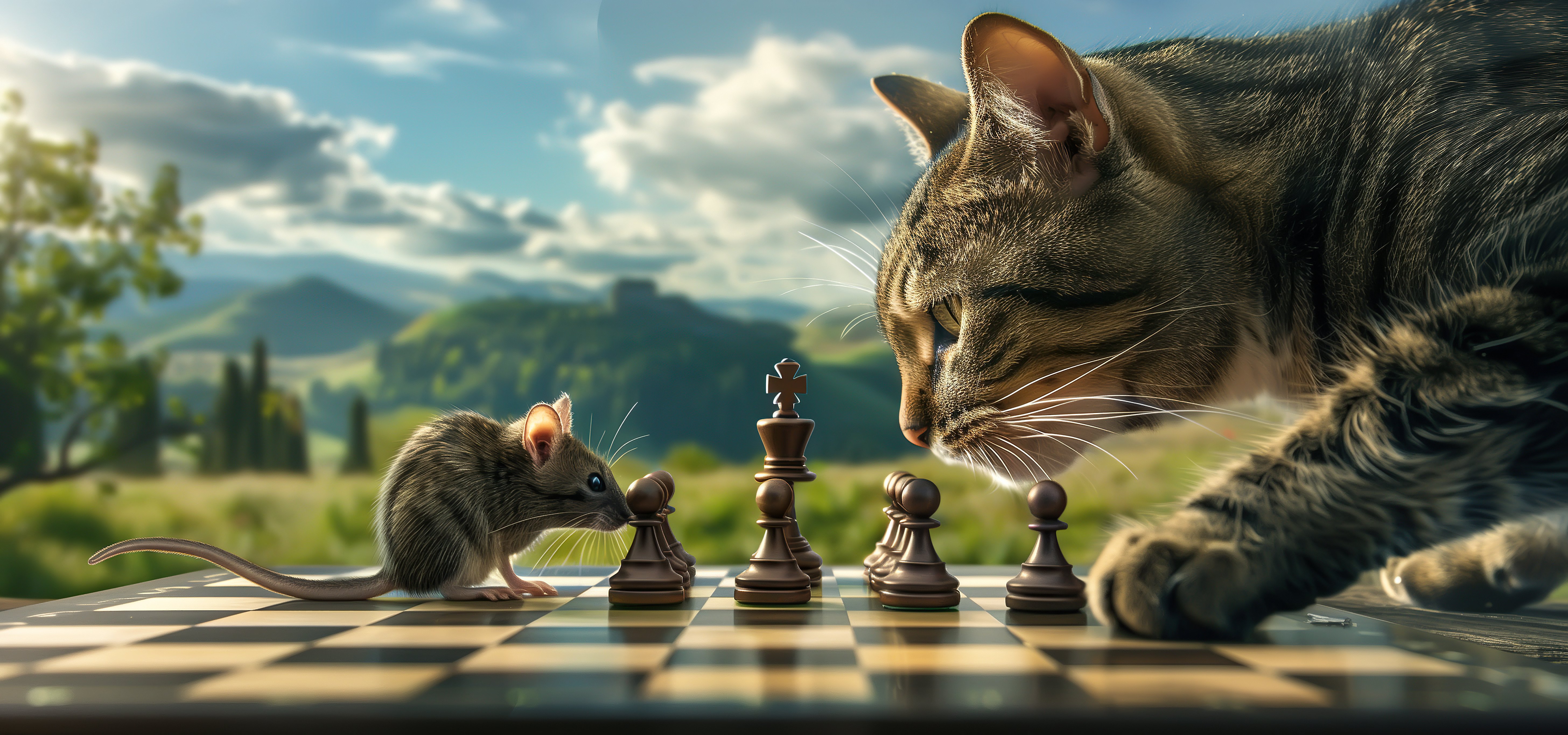 Cat and mouse playing chess outside