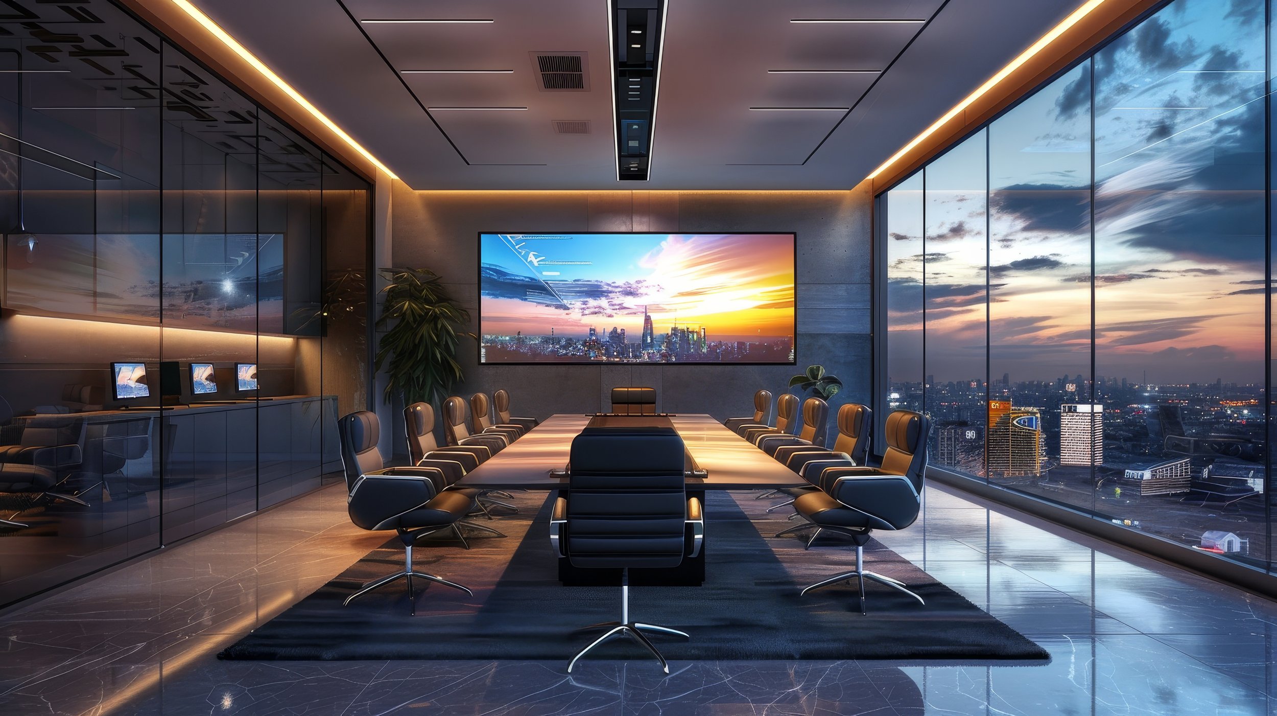 An empty conference room in a high rise building with floor to ceiling windows