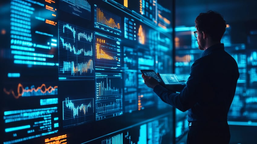 Man looking at computer screens 