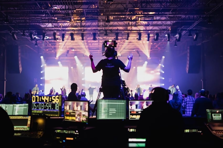 Camera and media crew recording a live performance