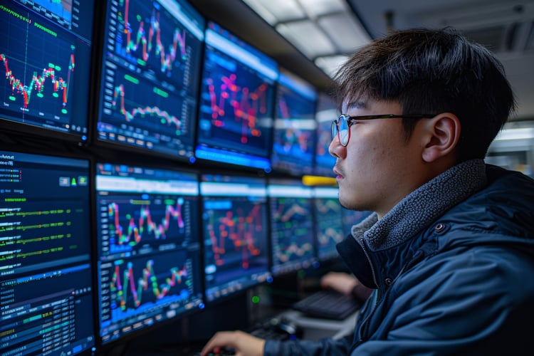 Man looking at monitors in a control room