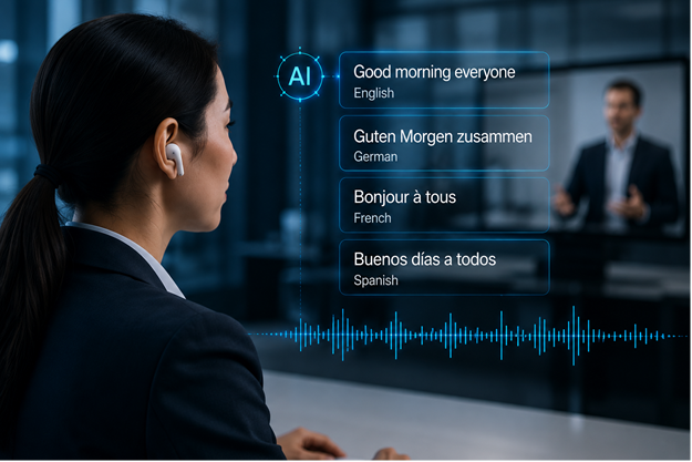 Woman listing to AI translator
