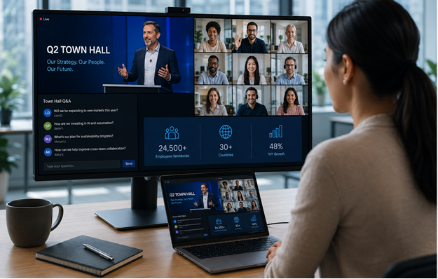 Woman at computer watching town hall