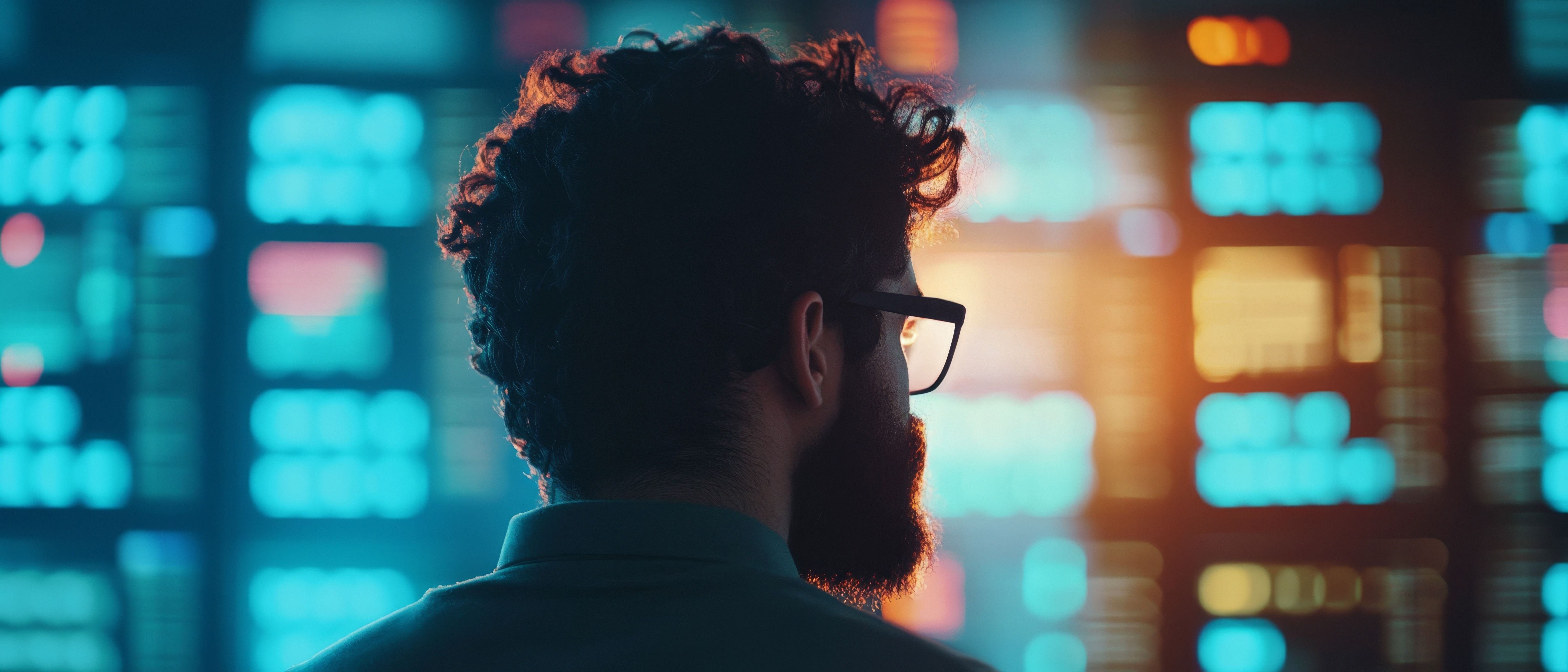 Man with glasses with tech screen background 