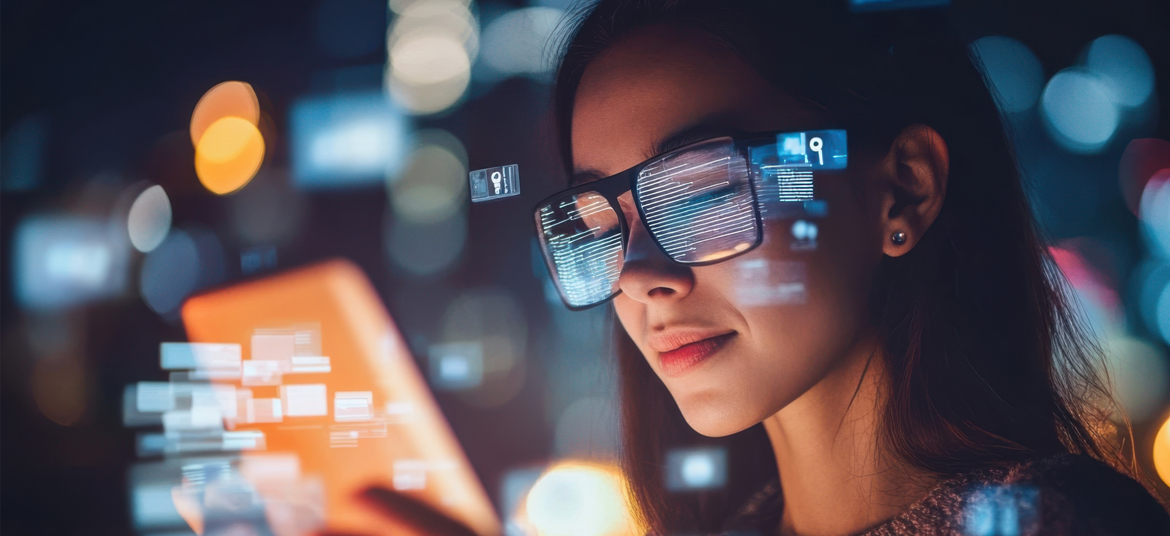 Woman looking at multiple images on tablet